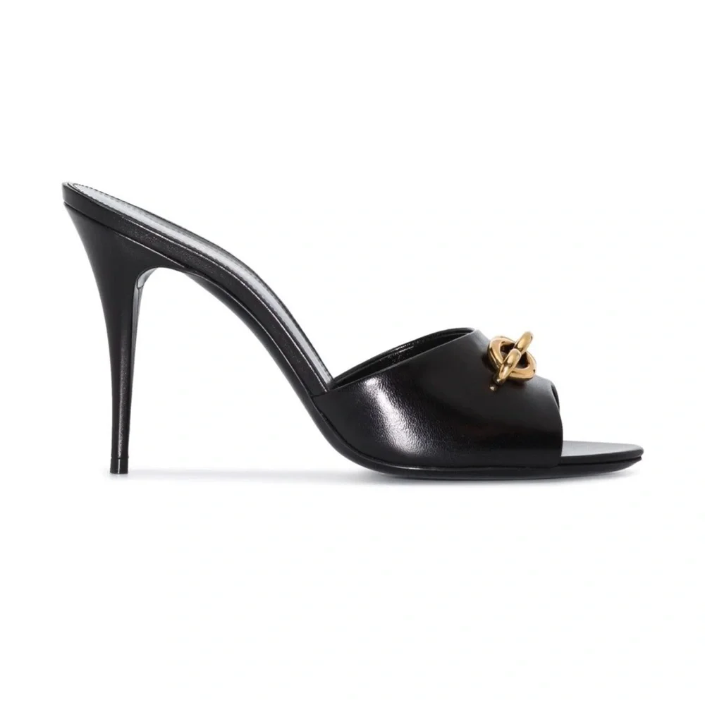 Saint Laurent Le Mallion 95mm Black Leather Chain-Embellished High-Heel Mules - Picture 2 of 7